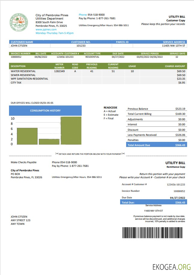 USA Florida City of Pembroke Pines Utilities Department utility bill template in Word and PDF format